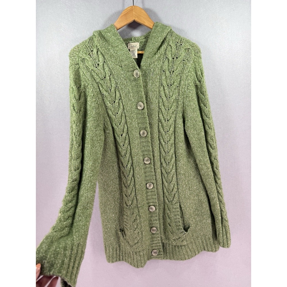 LL Bean Cardigan Size Large Green Hooded Cable Knit Button Sweater Fisherman